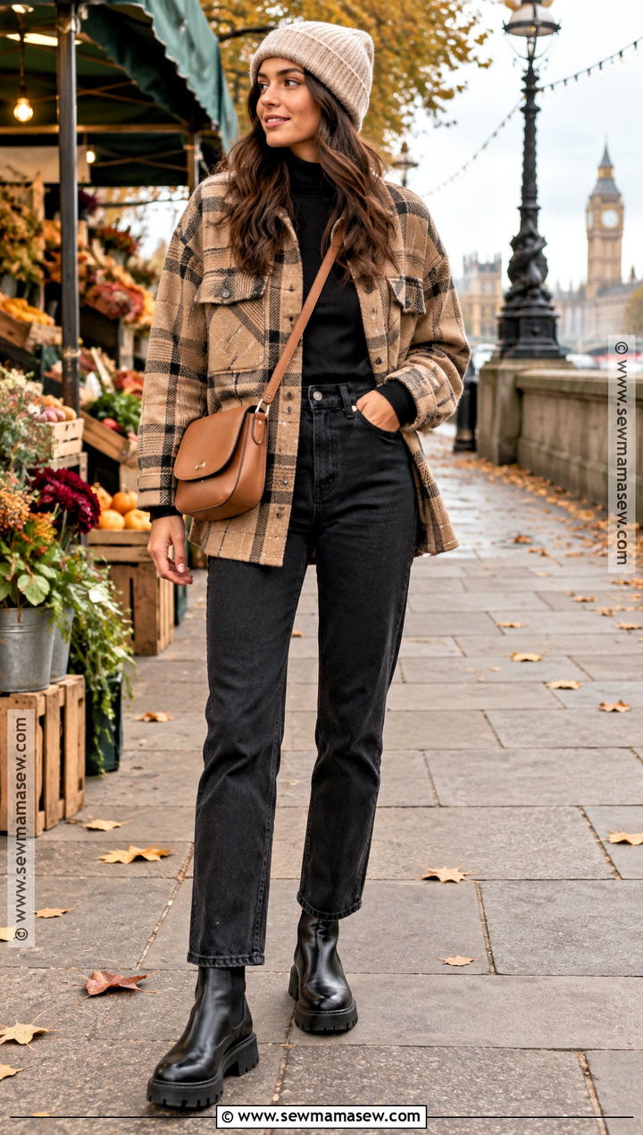 London Autumn Shacket and Black Jeans Outfit - 15 London Day Out Outfit Autumn Ideas