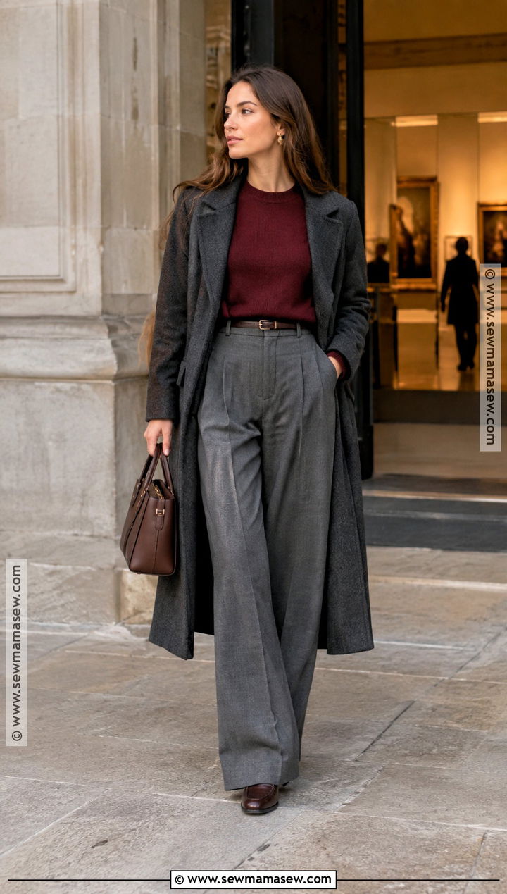 London Burgundy Knit and Gray Trousers Outfit - 20 fall london outfits