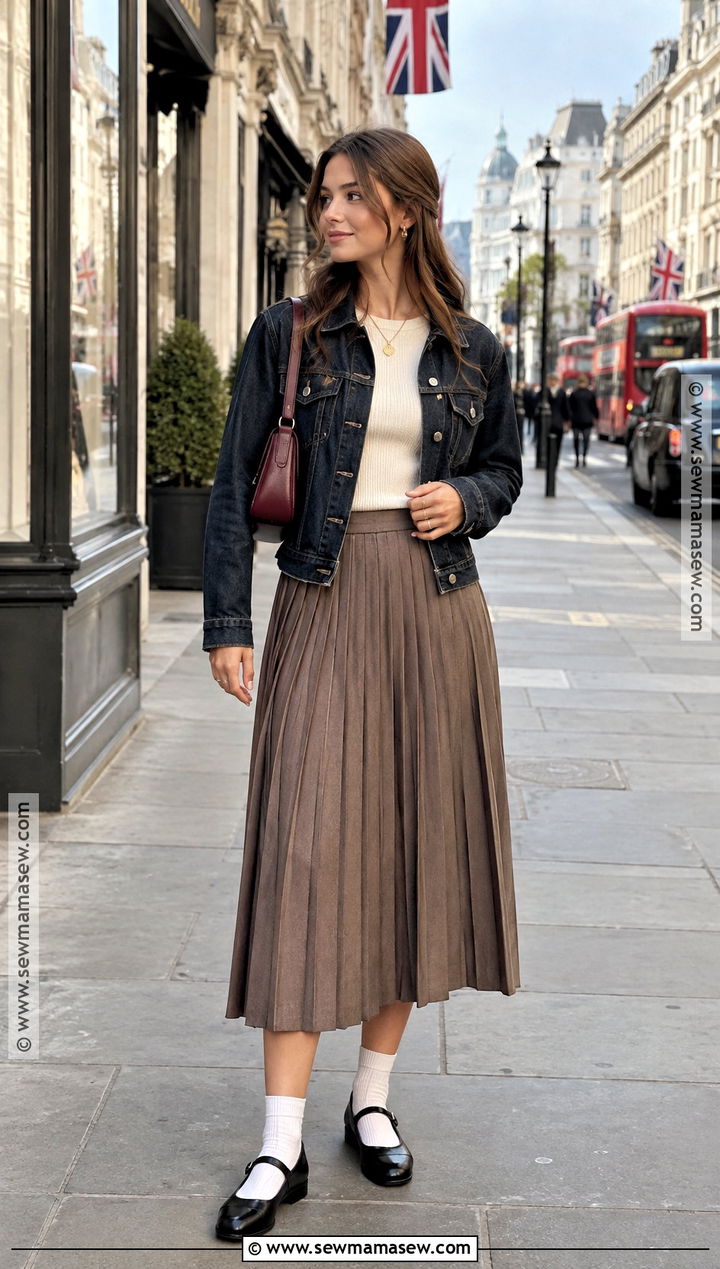 London Denim Jacket and Pleated Skirt Outfit - 20 fall london outfits
