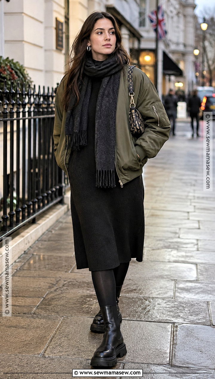 London Fall Black Midi Dress And Bomber Jacket Outfit - 15 fall london outfits 2026