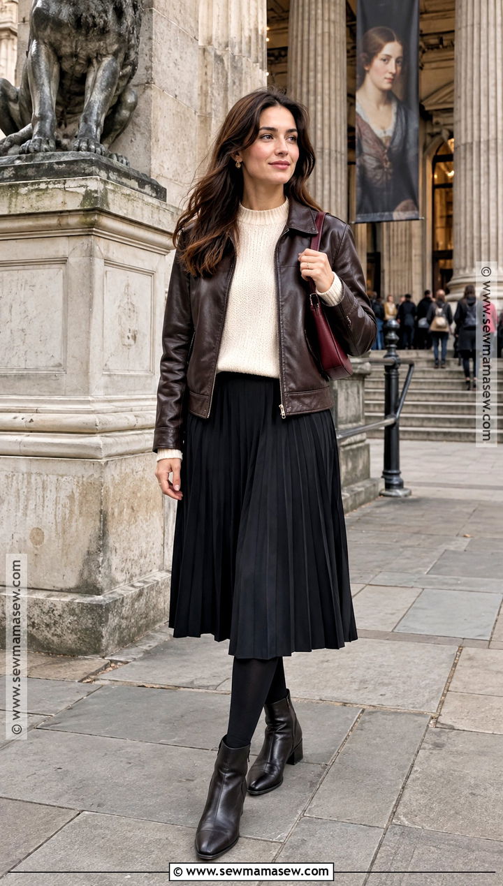 London Fall Leather Jacket Outfit With Midi Skirt - 15 London Fall Travel Outfits