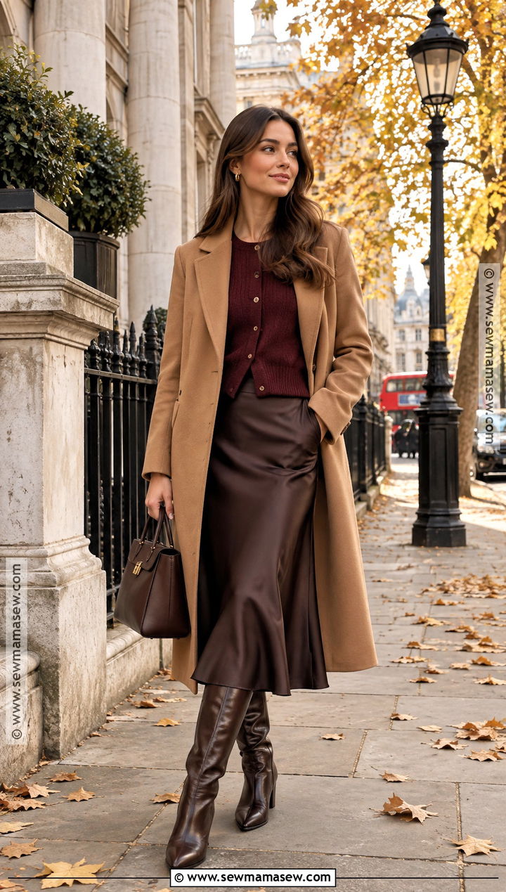London Fall Outfit With Burgundy Cardigan and Satin Skirt - 15 london england outfits fall