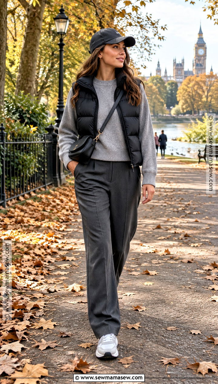 London Fall Outfit With Puffer Vest and Tailored Pants - 15 london england outfits fall