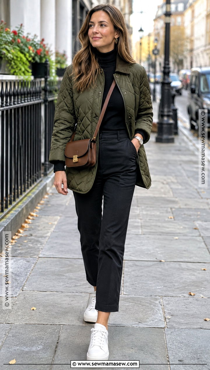 London Fall Quilted Jacket Outfit With Black Trousers - 15 London Fall Travel Outfits