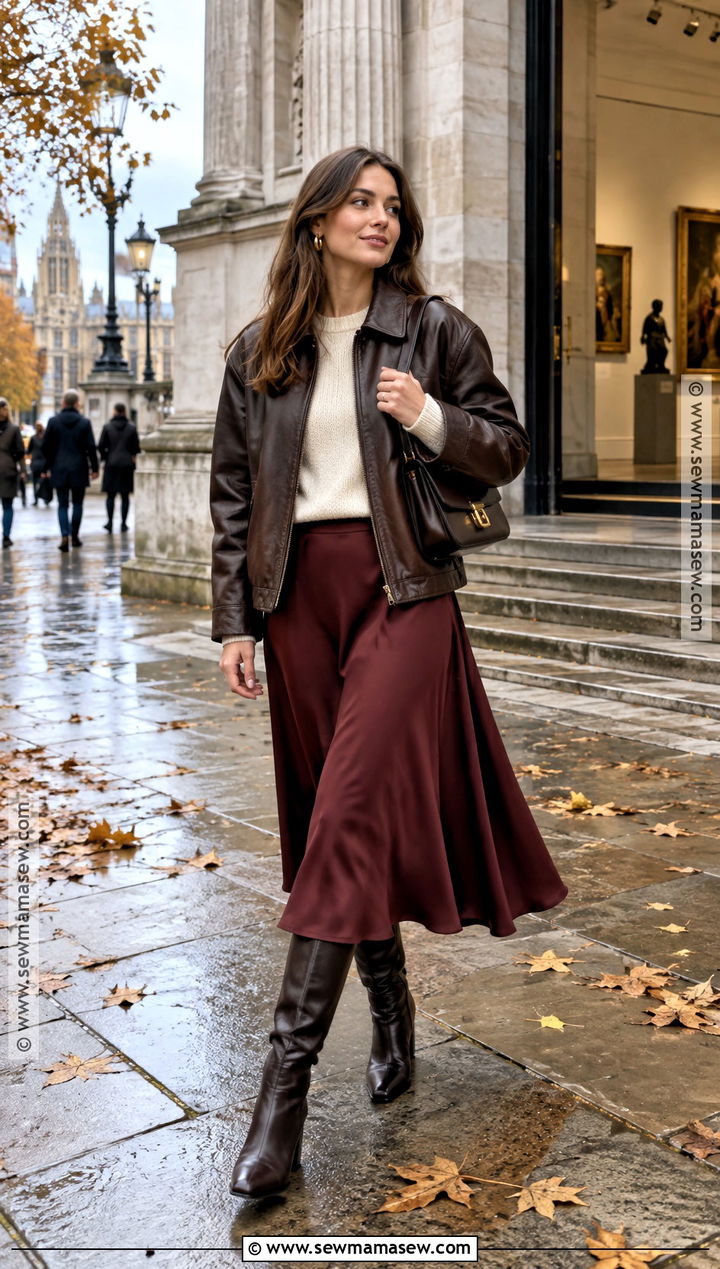 London Leather Jacket and Midi Skirt Outfit - 20 fall london outfits