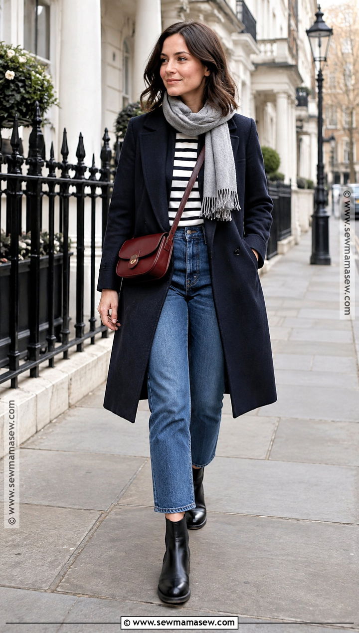 London October Navy Coat And Striped Top Outfit - 20 London In October Outfits