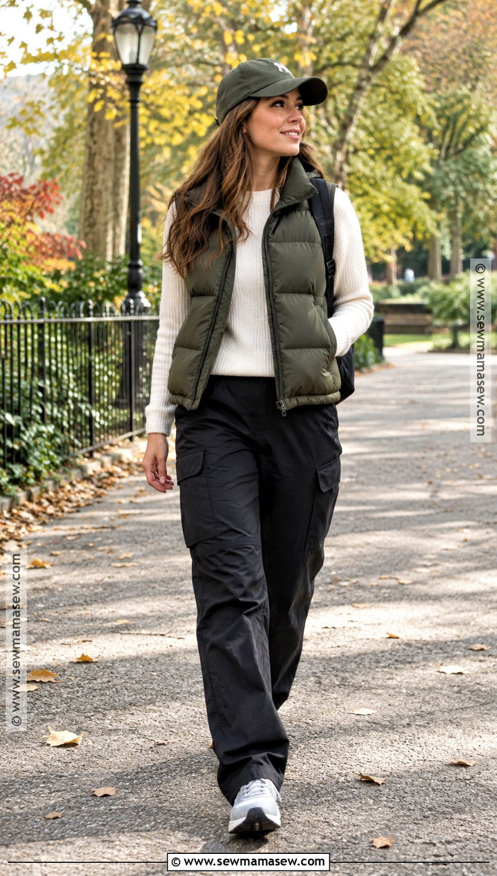 London October Puffer Vest And Cargo Pants Outfit - 20 Outfits For London In October