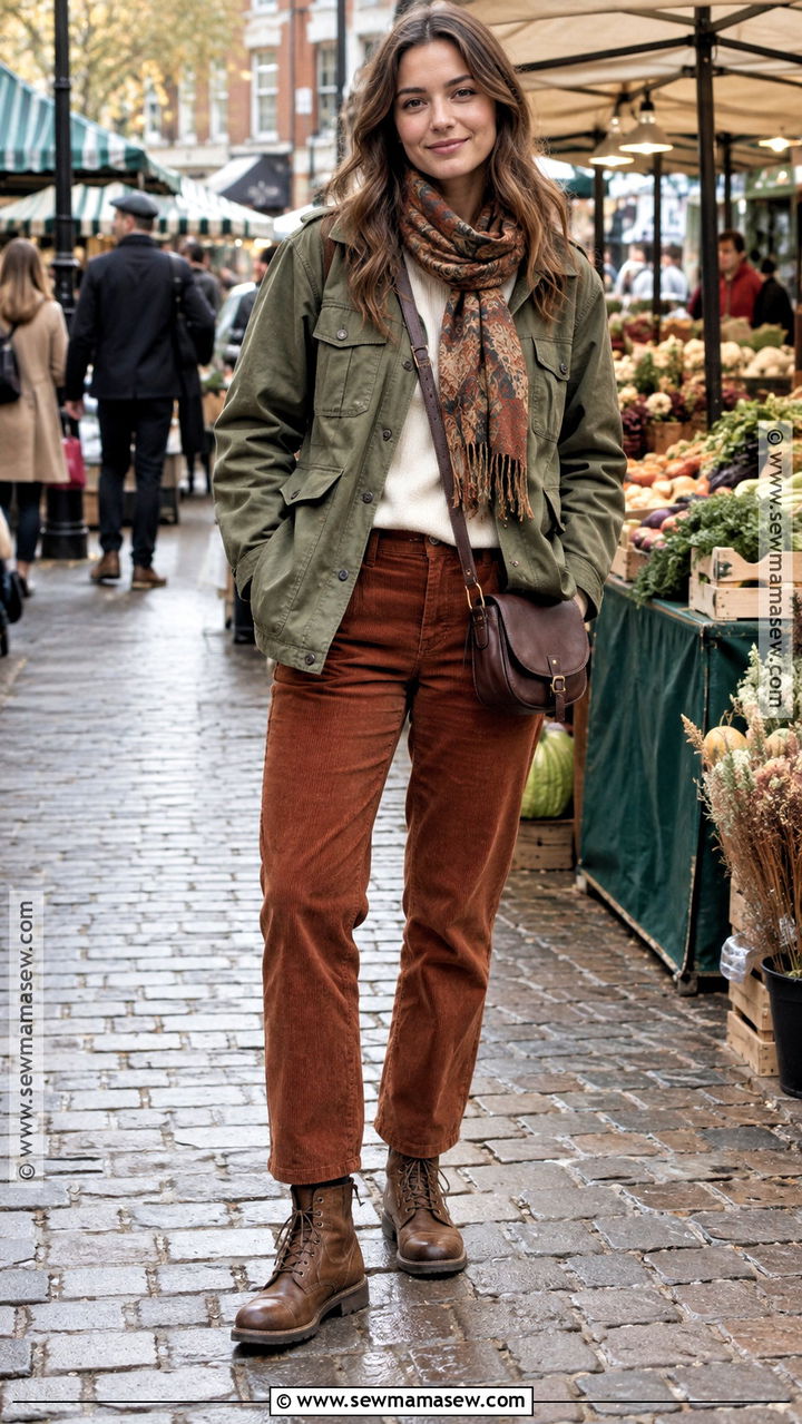 London October Utility Jacket And Corduroy Pants Outfit - 20 Outfits For London In October
