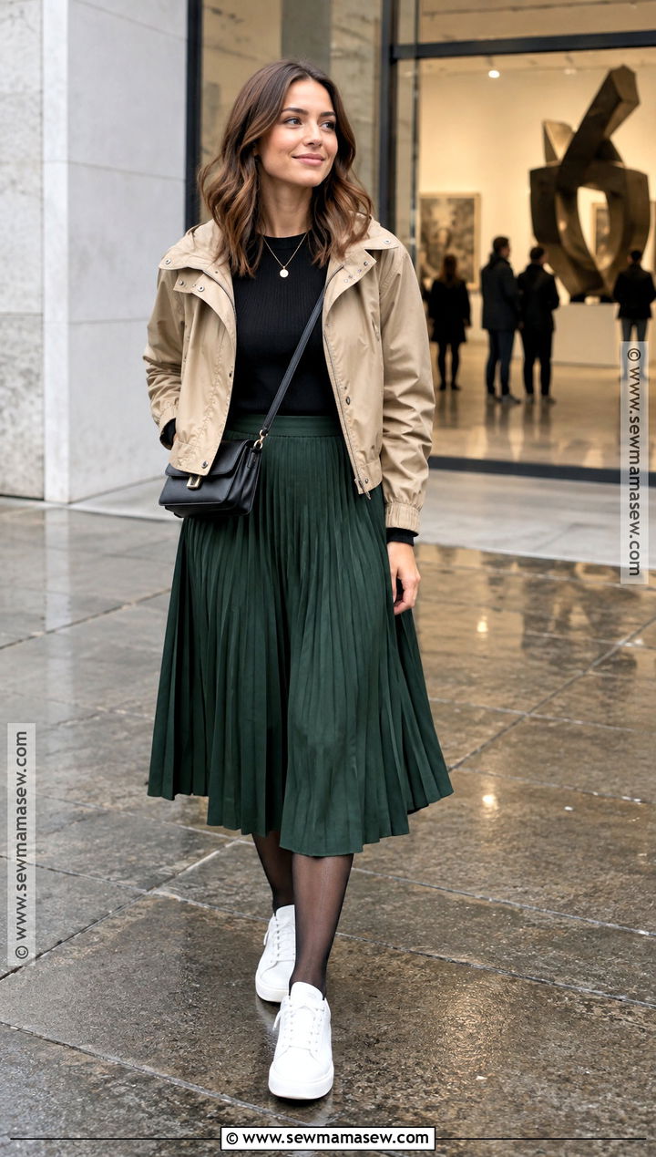 London Pleated Skirt With Knit Top And Sneakers - 20 September London Outfits