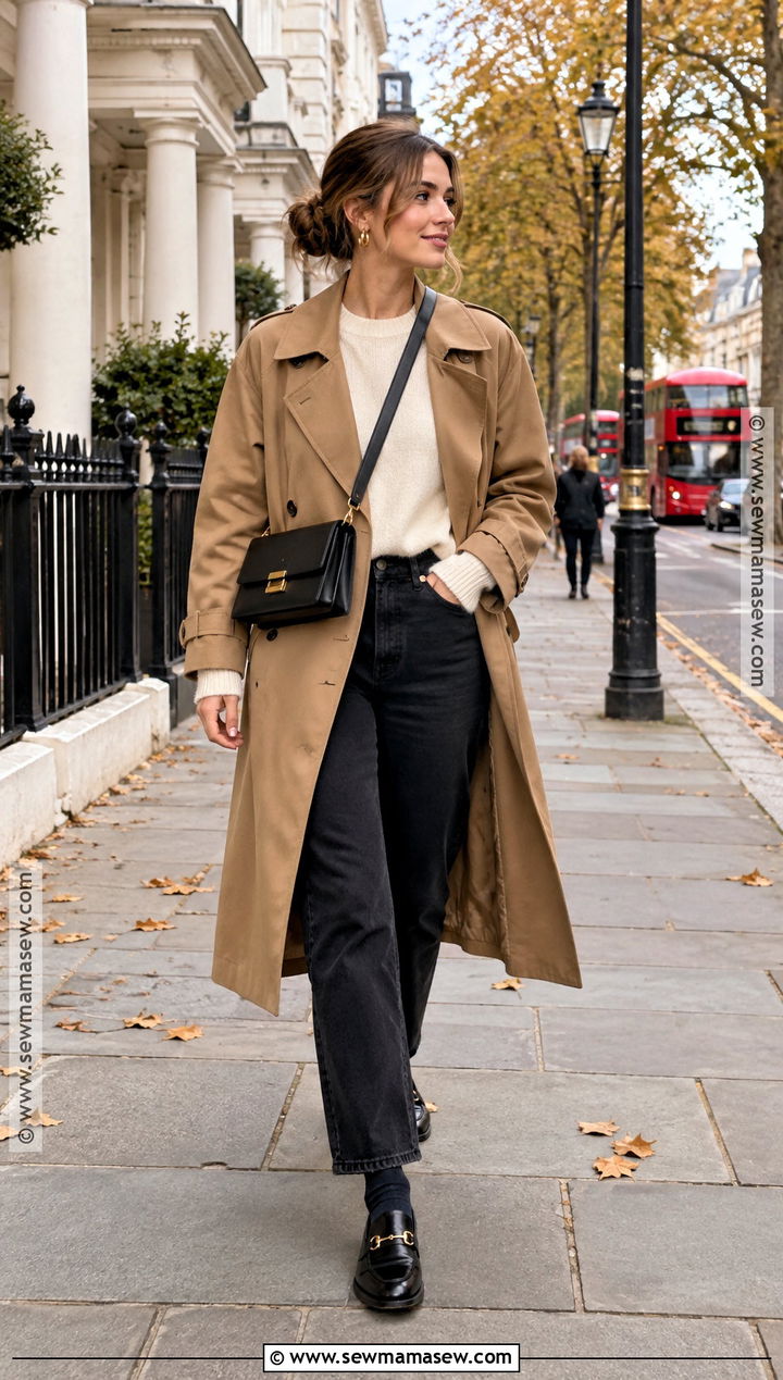 London Trench Coat With Black Jeans And Loafers - 20 autumn london outfit ideas