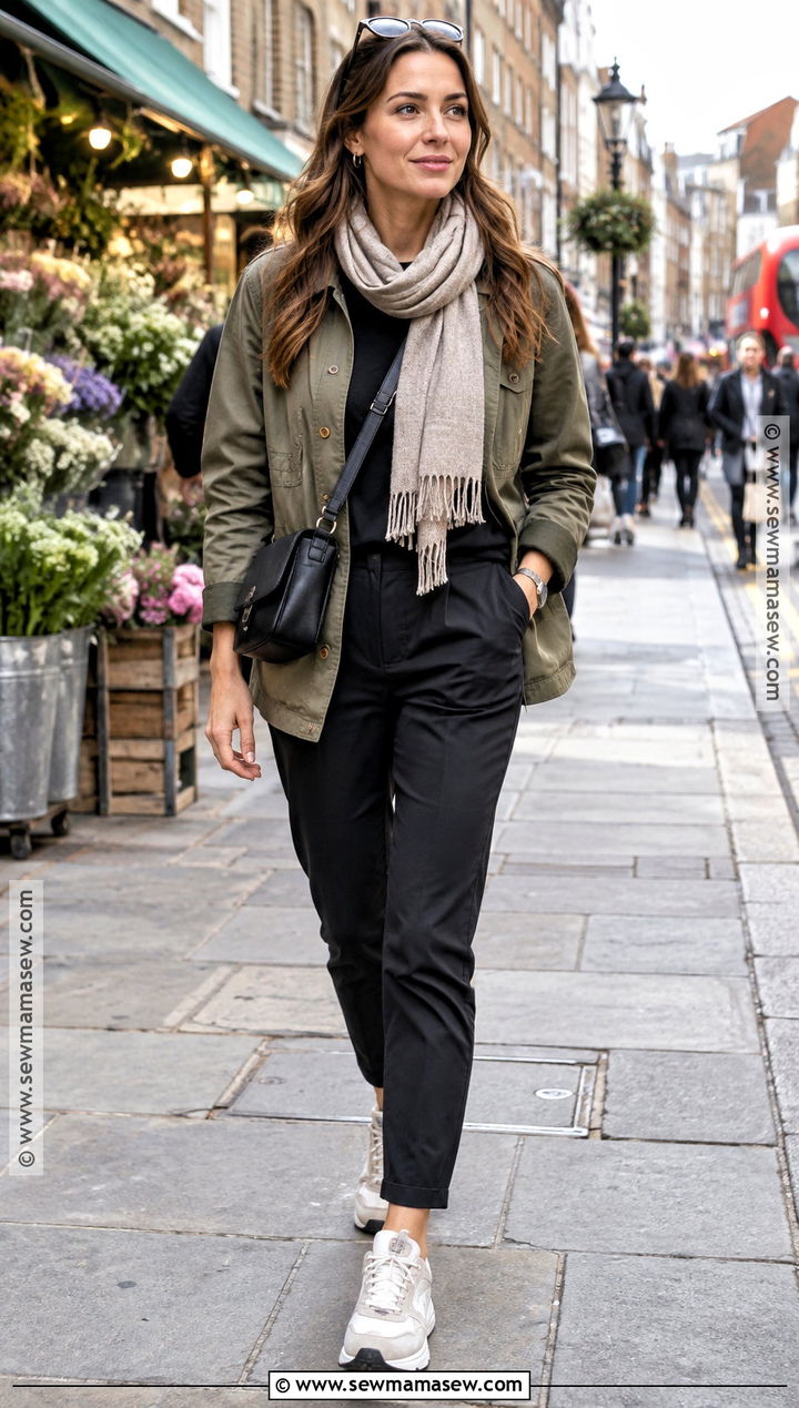 London Utility Jacket With Trousers And Sneakers - 20 September London Outfits