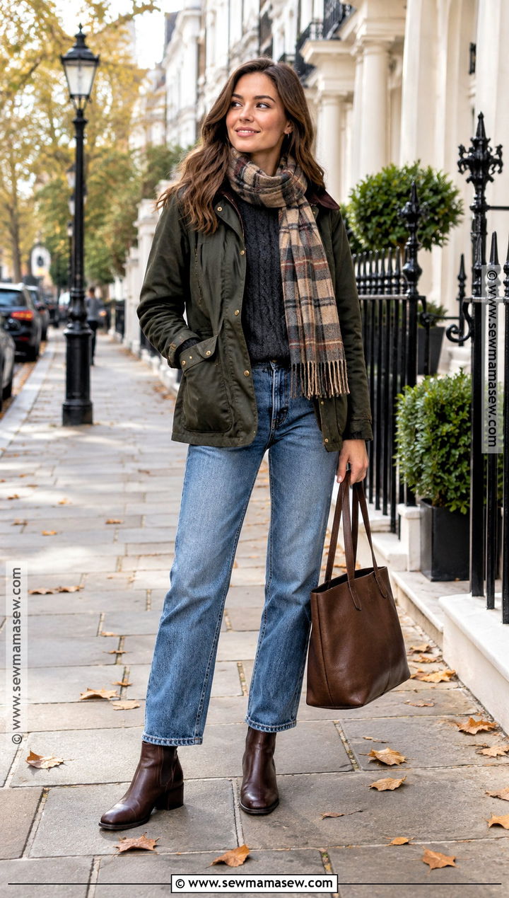 London Wax Jacket With Knit Sweater And Blue Jeans - 20 autumn london outfit ideas