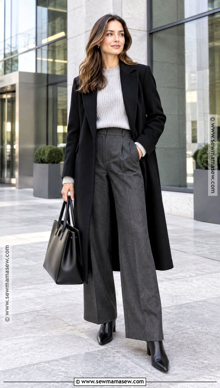 Long Black Coat And Wide Leg Trousers Fall Outfit - 15 Fall Outfits Ideas 2026