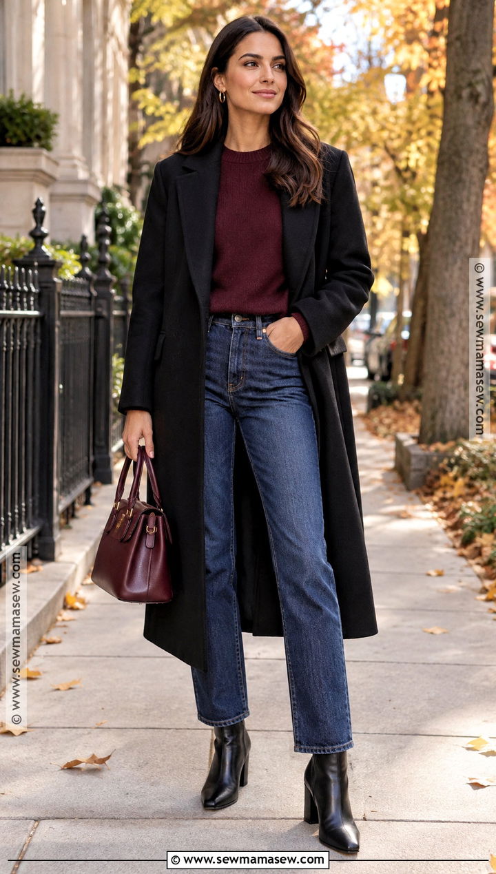 Long Black Coat With Burgundy Sweater And Straight Jeans - 15 long black coat outfit autumn ideas