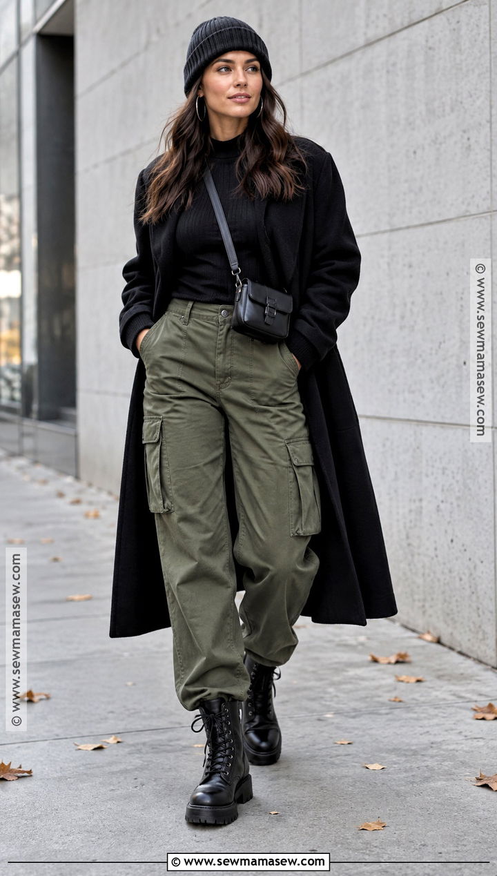 Long Black Coat With Cargo Pants And Chunky Boots - 15 long black coat outfit autumn ideas