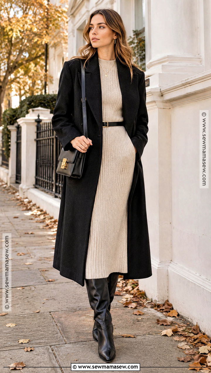 Long Black Coat With Knit Dress And Knee High Boots - 15 long black coat outfit autumn ideas