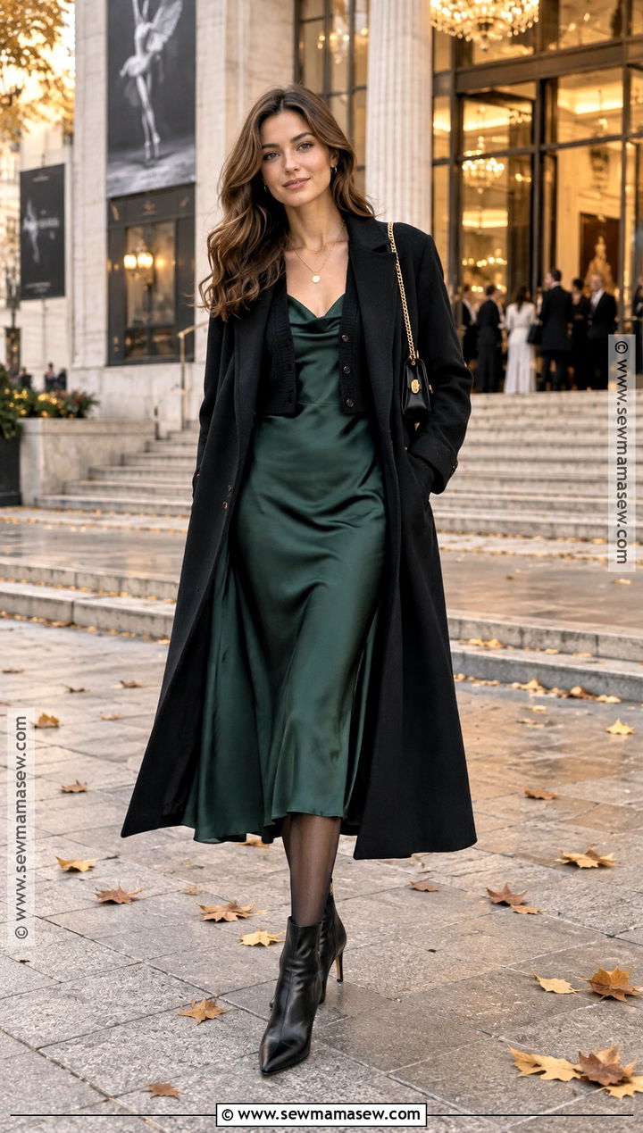 Long Black Coat With Slip Dress And Cardigan - 15 long black coat outfit autumn ideas
