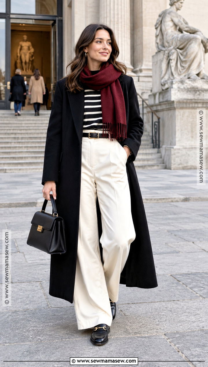 Long Black Coat With Striped Sweater And Cream Trousers - 15 long black coat outfit autumn ideas