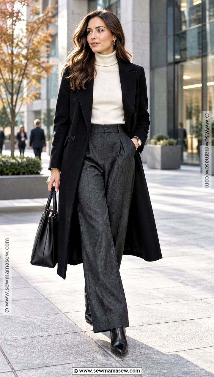 Long Black Coat With Turtleneck And Wide Leg Trousers - 15 long black coat outfit autumn ideas