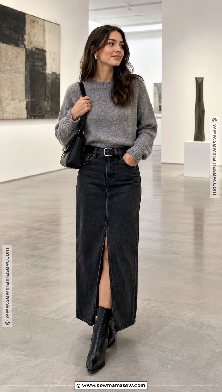 Long Black Denim Skirt With a Gray Knit - 20 long denim skirt fall outfit ideas