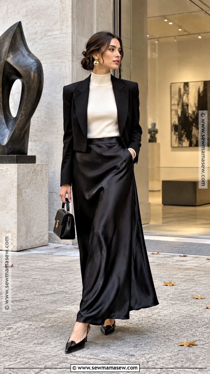 Long Black Satin Skirt With Knit Top And Heels - 20 long black skirt autumn outfit ideas