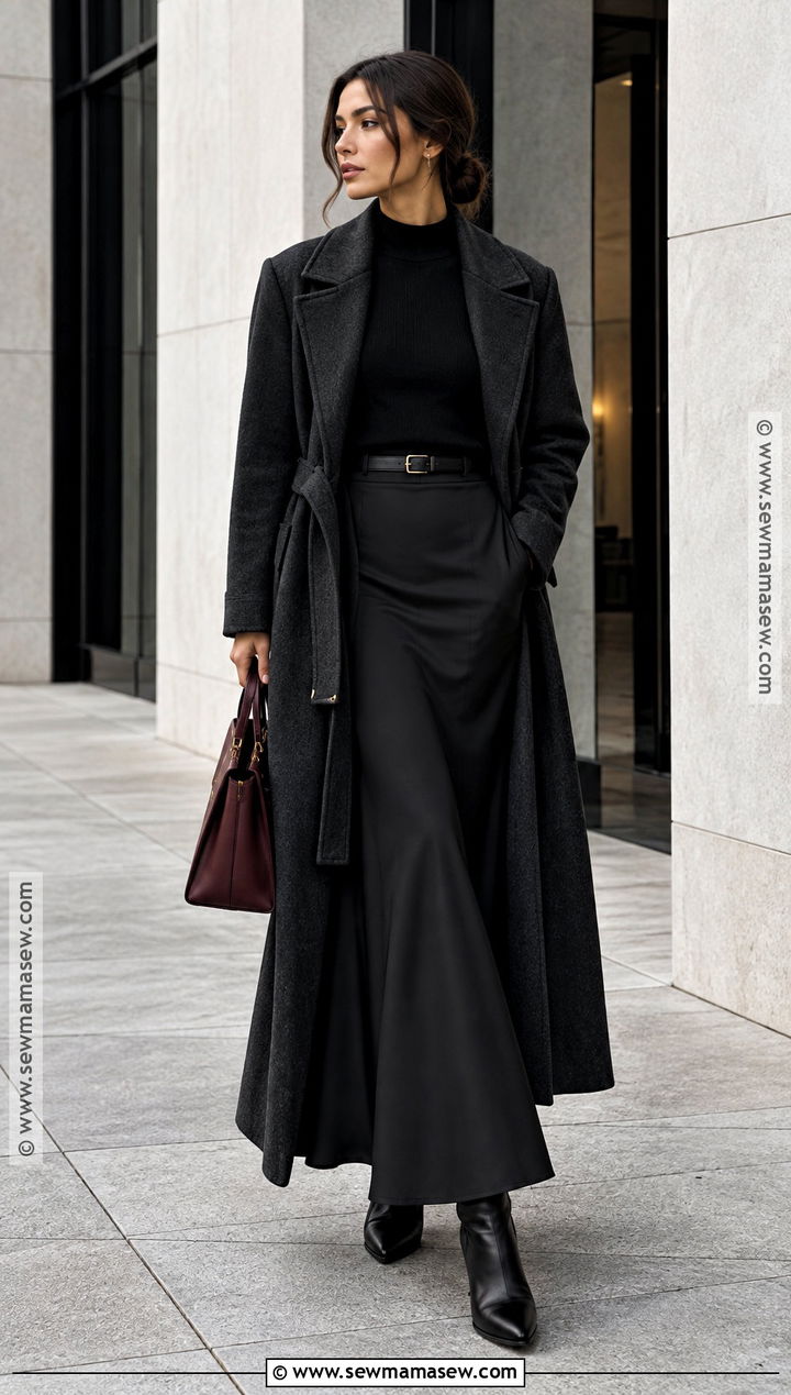 Long Black Skirt With Black Sweater And Belted Coat - 25 long black skirt outfit fall ideas