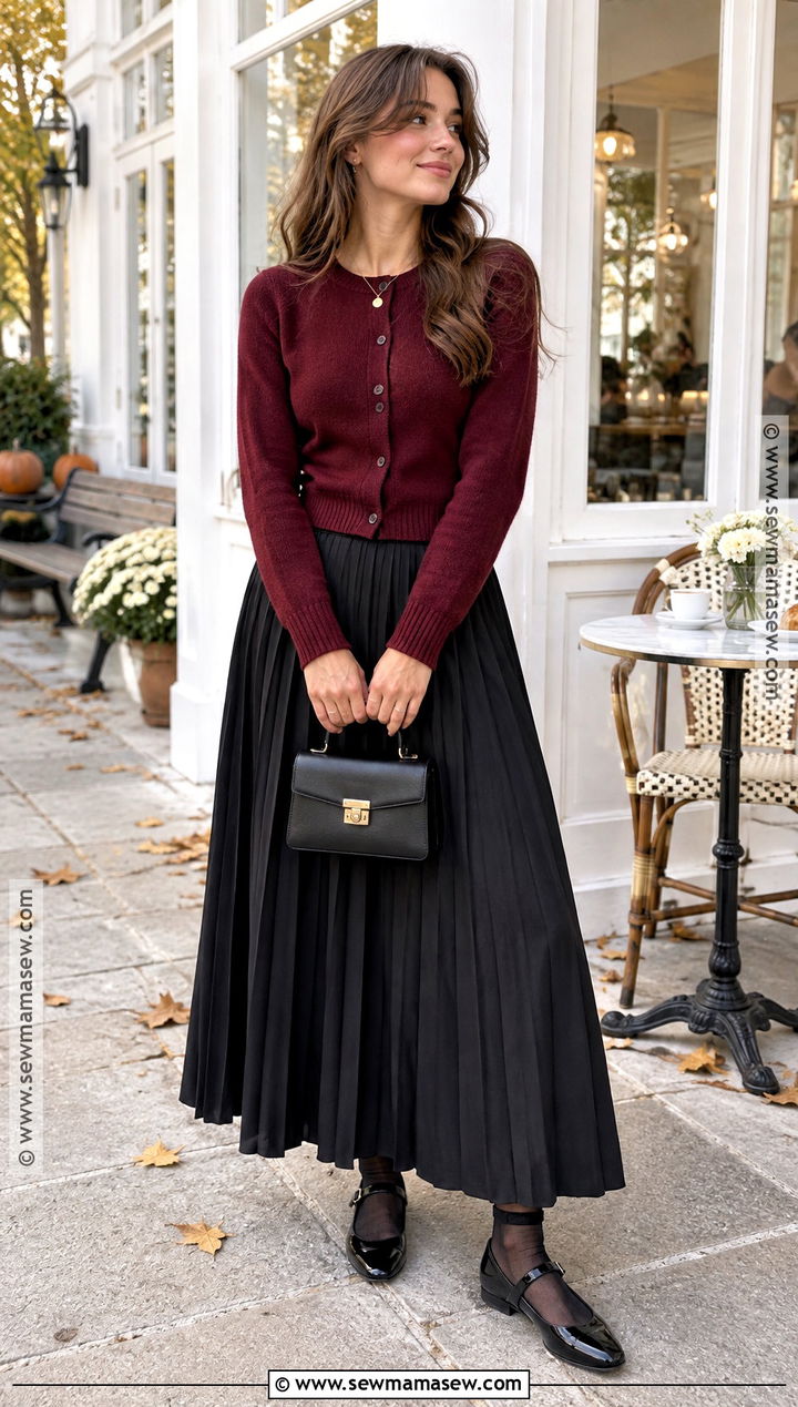 Long Black Skirt With Burgundy Cardigan And Mary Jane Flats - 20 long black skirt fall outfit ideas