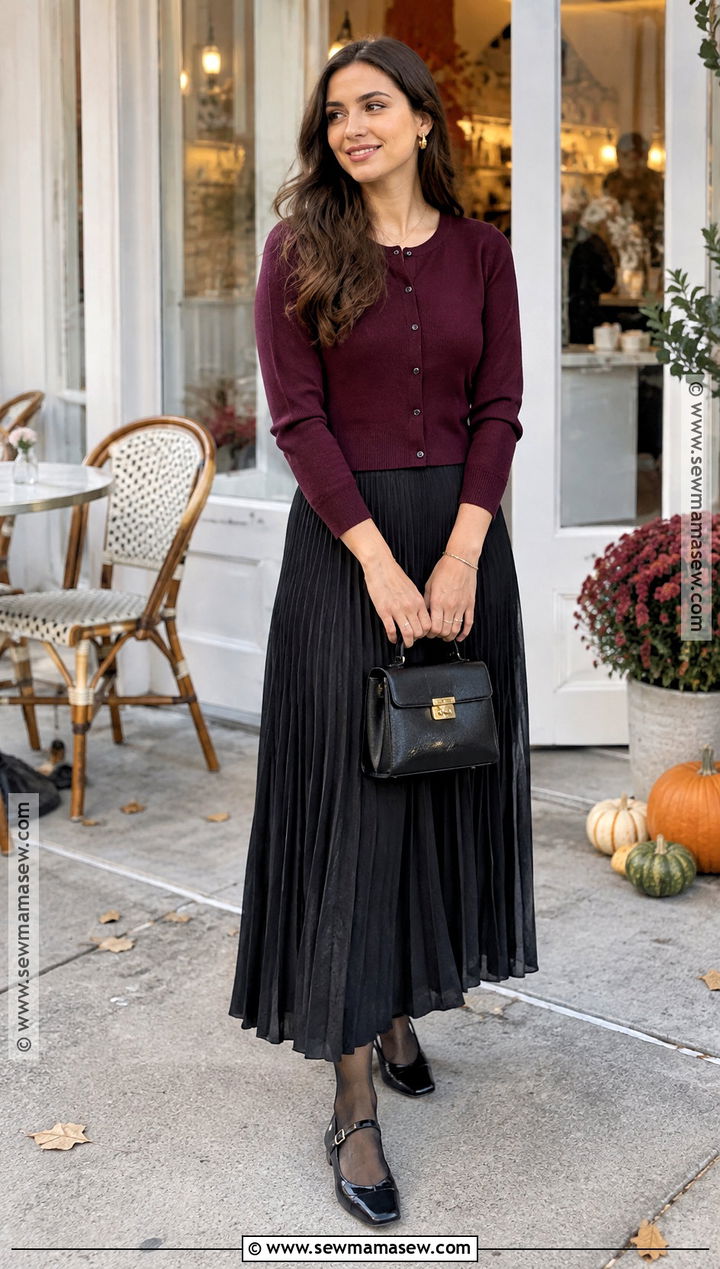 Long Black Skirt With Burgundy Cardigan And Mary Janes - 25 long black skirt outfit fall ideas