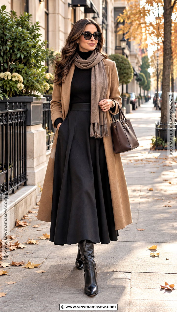 Long Black Skirt With Camel Coat And Knee High Boots - 20 long black skirt fall outfit ideas