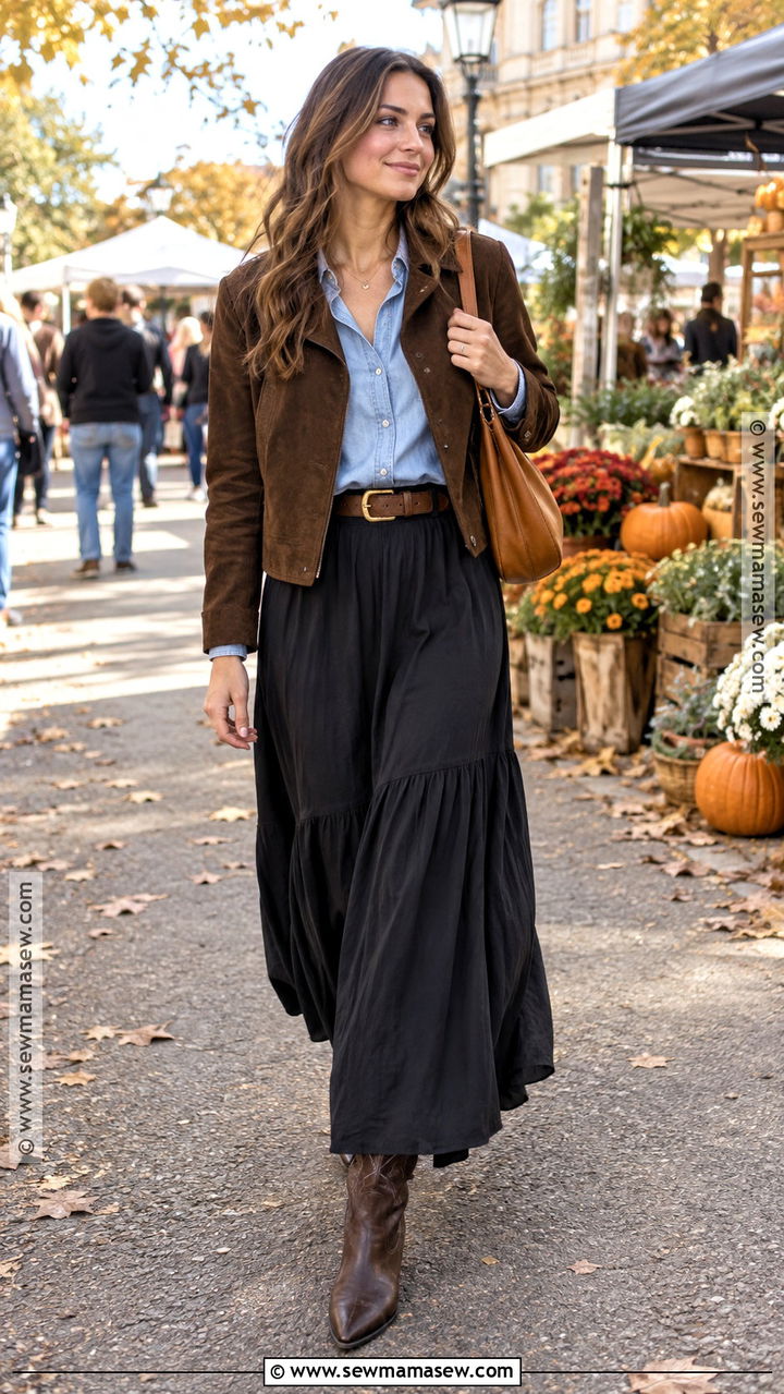 Long Black Skirt With Chambray Shirt And Suede Jacket - 20 long black skirt autumn outfit ideas