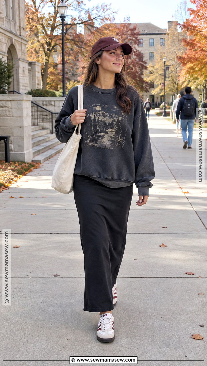 Long Black Skirt With Graphic Sweatshirt And Retro Sneakers - 20 long black skirt fall outfit ideas