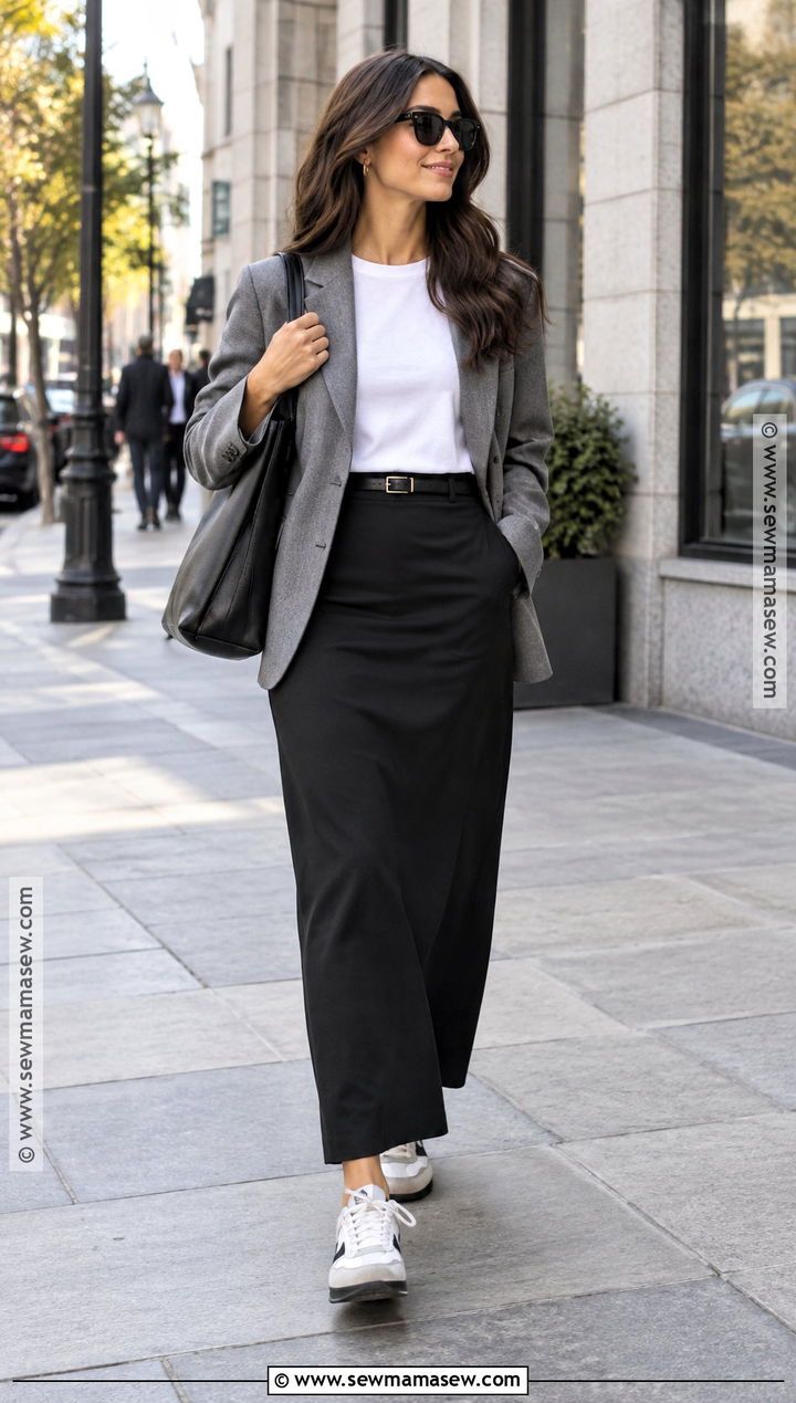 Long Black Skirt With Gray Blazer And Sneakers - 25 long black skirt outfit fall ideas