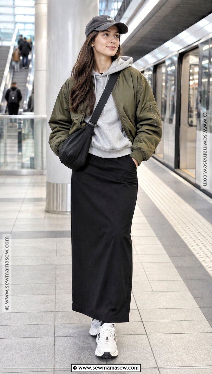 Long Black Skirt With Hoodie And Bomber Jacket - 20 long black skirt autumn outfit ideas