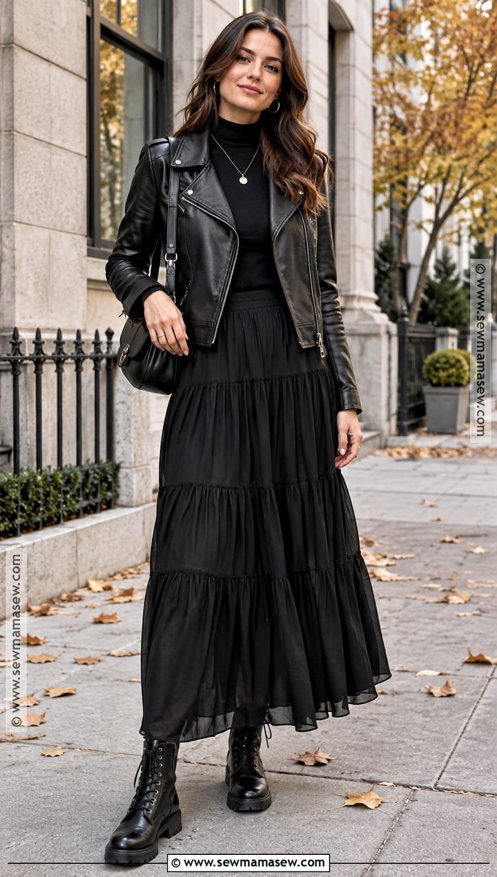 Long Black Skirt With Leather Jacket And Combat Boots - 20 long black skirt fall outfit ideas