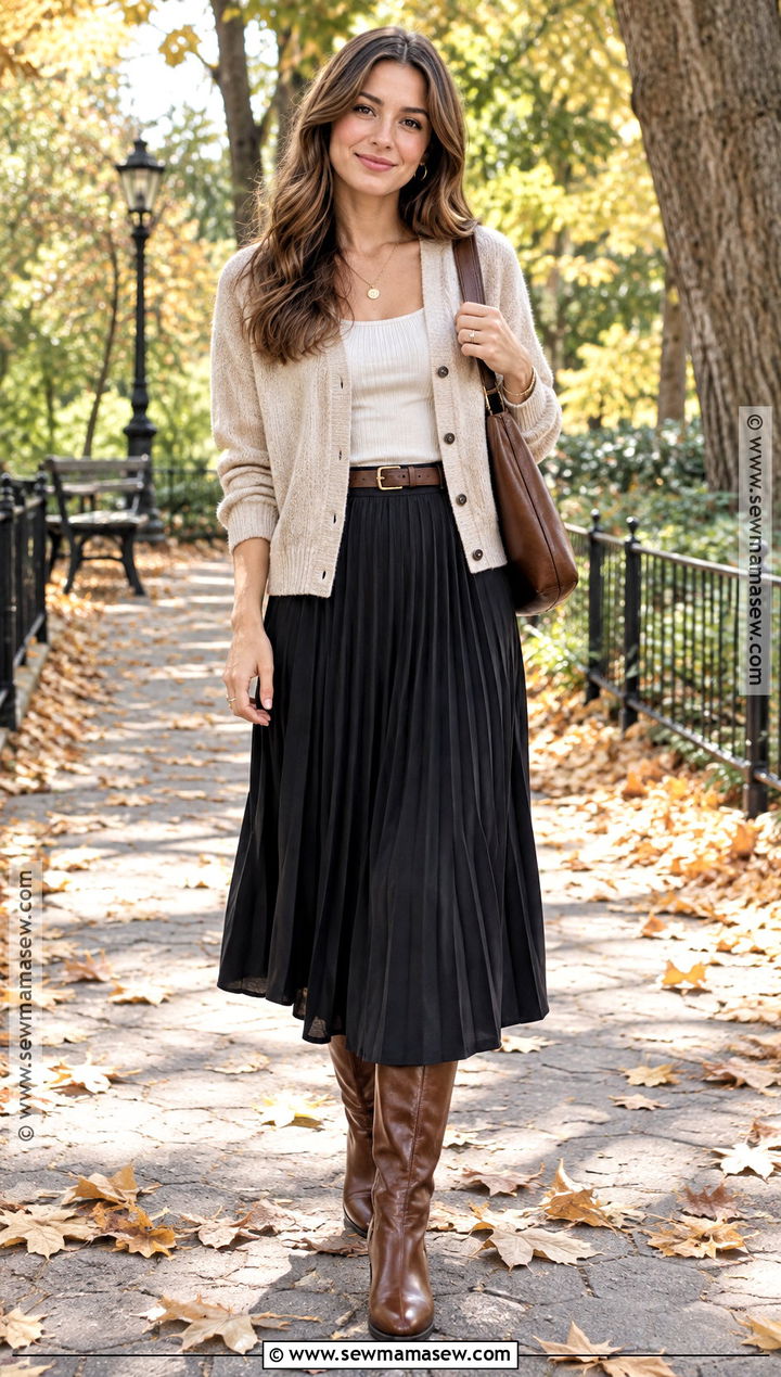 Long Black Skirt With Oatmeal Cardigan And Riding Boots - 25 long black skirt outfit fall ideas