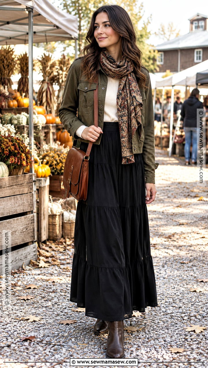 Long Black Skirt With Olive Utility Jacket And Boots - 25 long black skirt outfit fall ideas