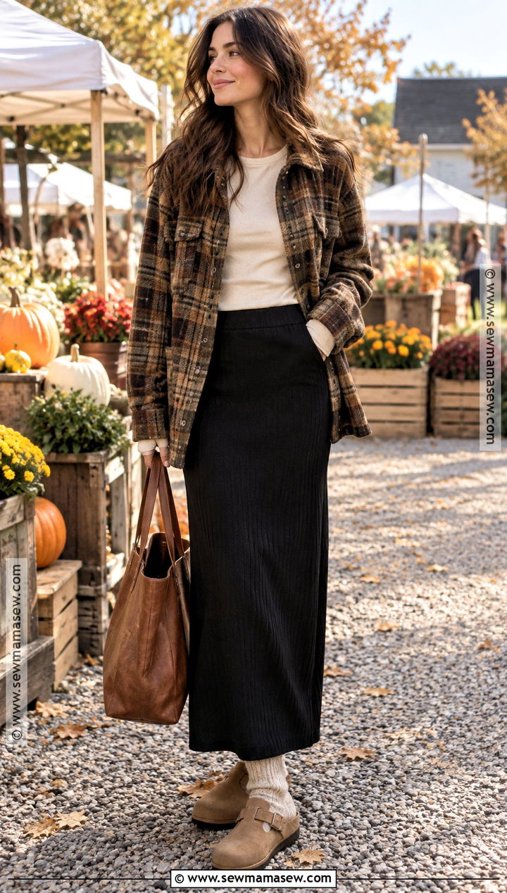 Long Black Skirt With Plaid Shacket And Clogs - 20 long black skirt fall outfit ideas