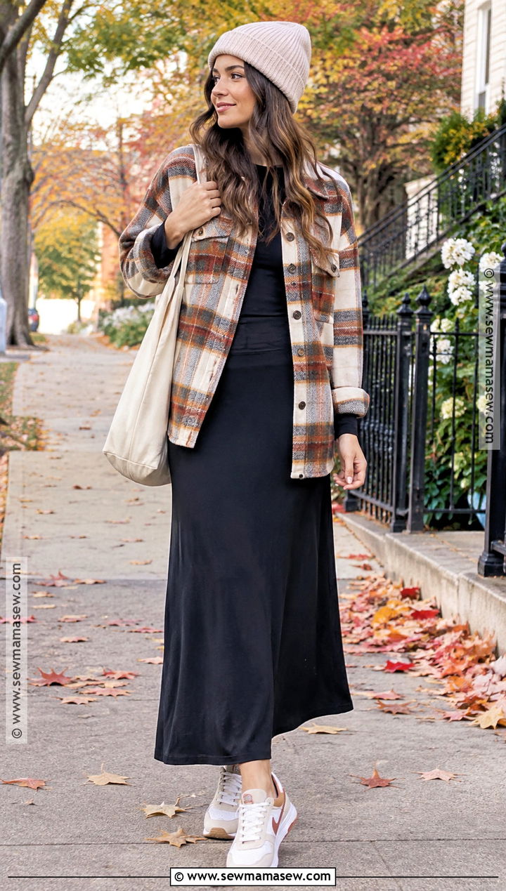 Long Black Skirt With Plaid Shacket And Sneakers - 25 long black skirt outfit fall ideas