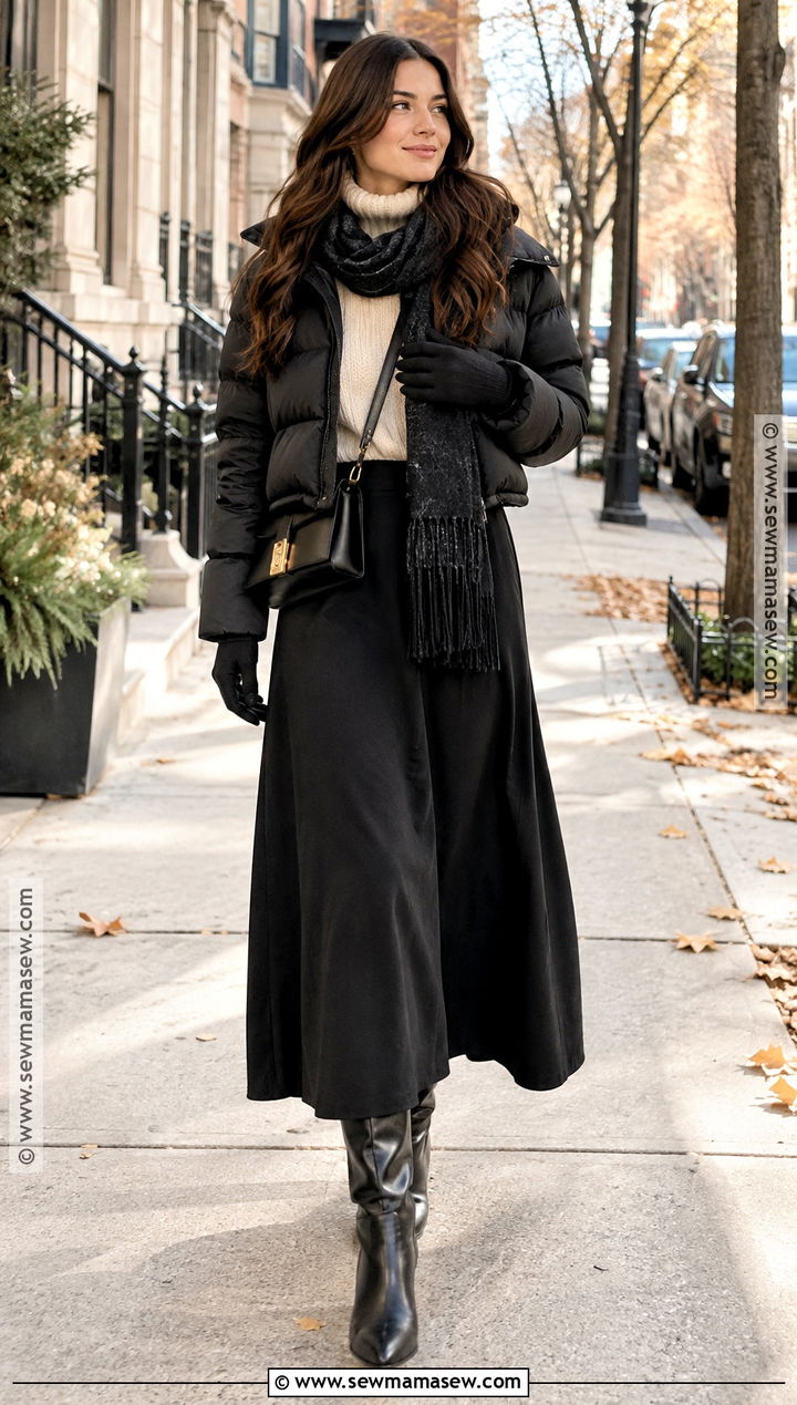 Long Black Skirt With Puffer Jacket And Tall Boots - 25 long black skirt outfit fall ideas