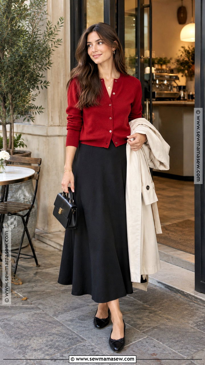 Long Black Skirt With Red Cardigan And Ballet Flats - 20 long black skirt autumn outfit ideas