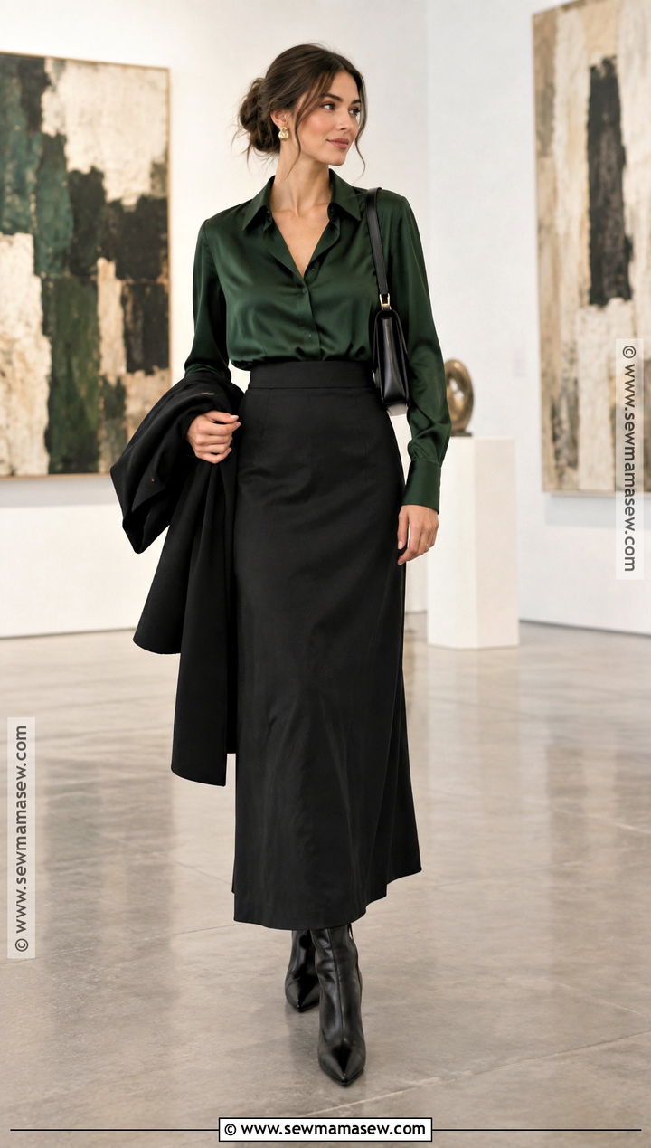 Long Black Skirt With Satin Blouse And Pointed Boots - 20 long black skirt fall outfit ideas