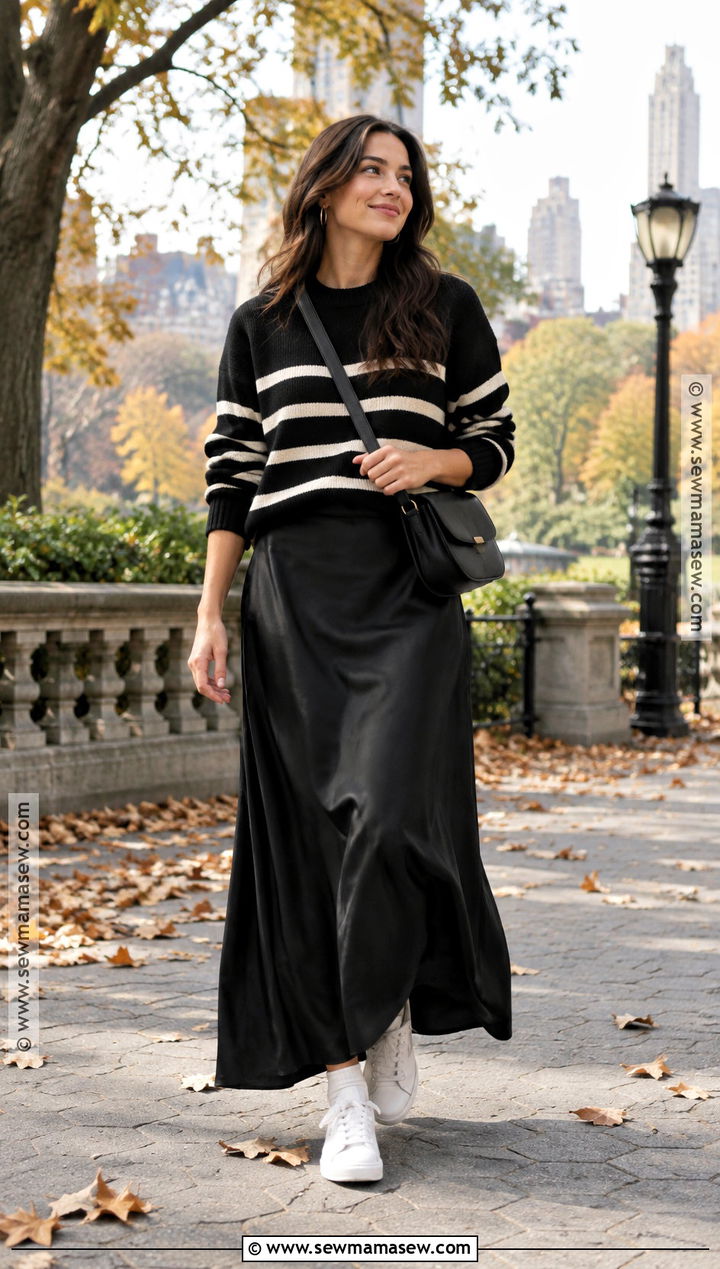 Long Black Skirt With Striped Sweater And Sneakers - 25 long black skirt outfit fall ideas