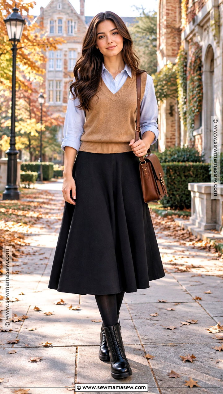 Long Black Skirt With Sweater Vest And Button Down Shirt - 20 long black skirt autumn outfit ideas