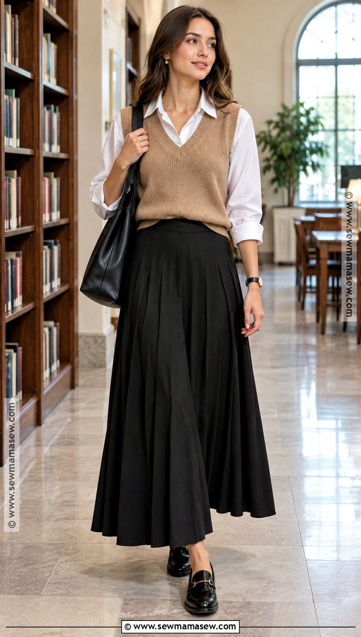 Long Black Skirt With Sweater Vest And Button Down - 20 long black skirt fall outfit ideas