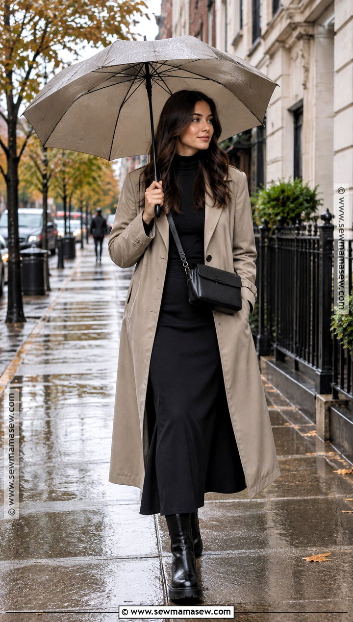 Long Black Skirt With Waterproof Trench And Lug Boots - 25 long black skirt outfit fall ideas