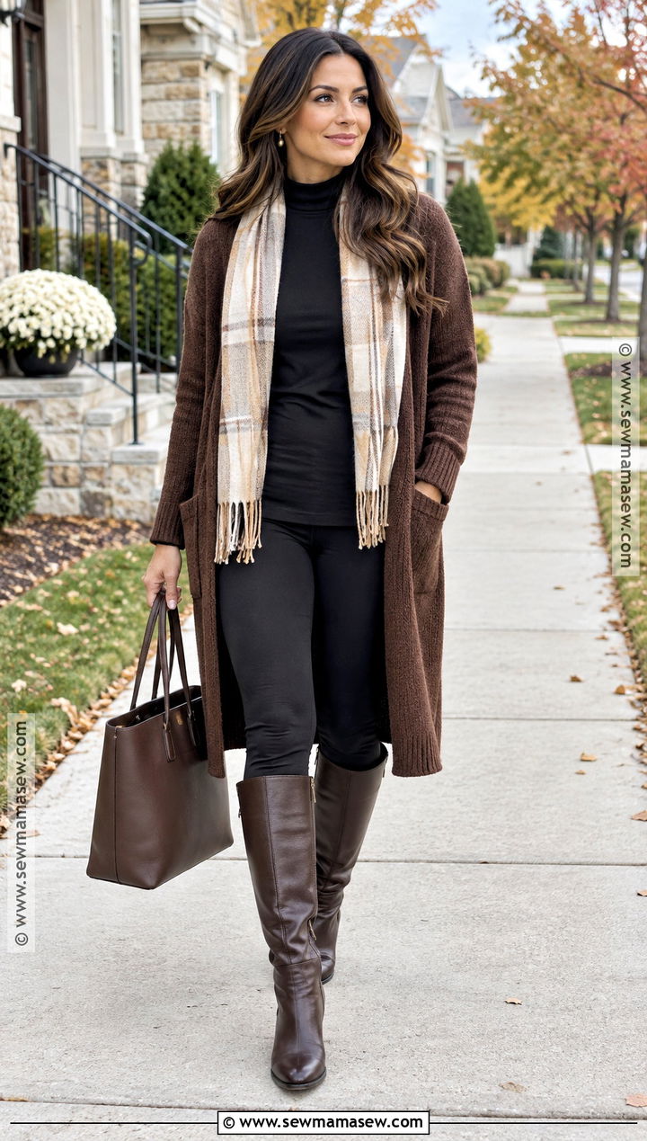 Long Brown Cardigan With Leggings And Tall Boots - 20 brown cardigan outfit fall ideas