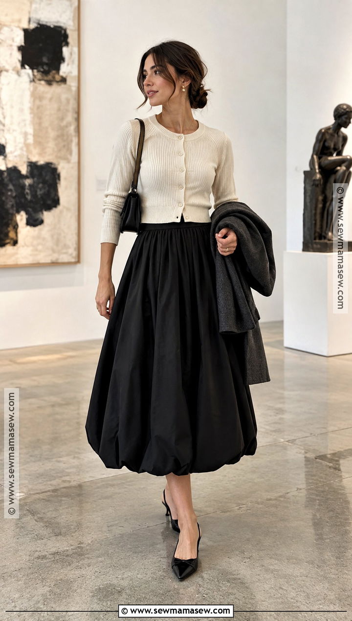 Long Bubble Skirt With Cropped Cardigan And Kitten Heels - 20 bubble skirt fall outfit ideas