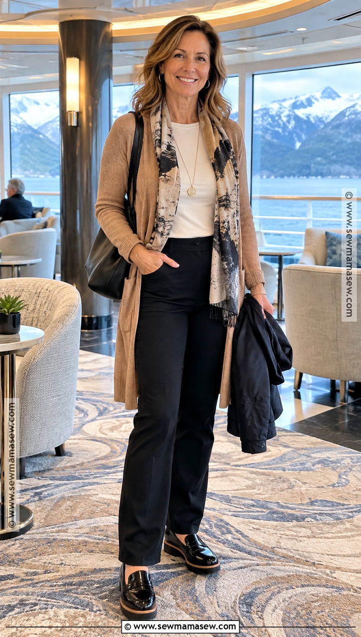 Long Cardigan And Black Pants Alaskan Cruise Outfit - 15 Alaskan Cruise Outfits October