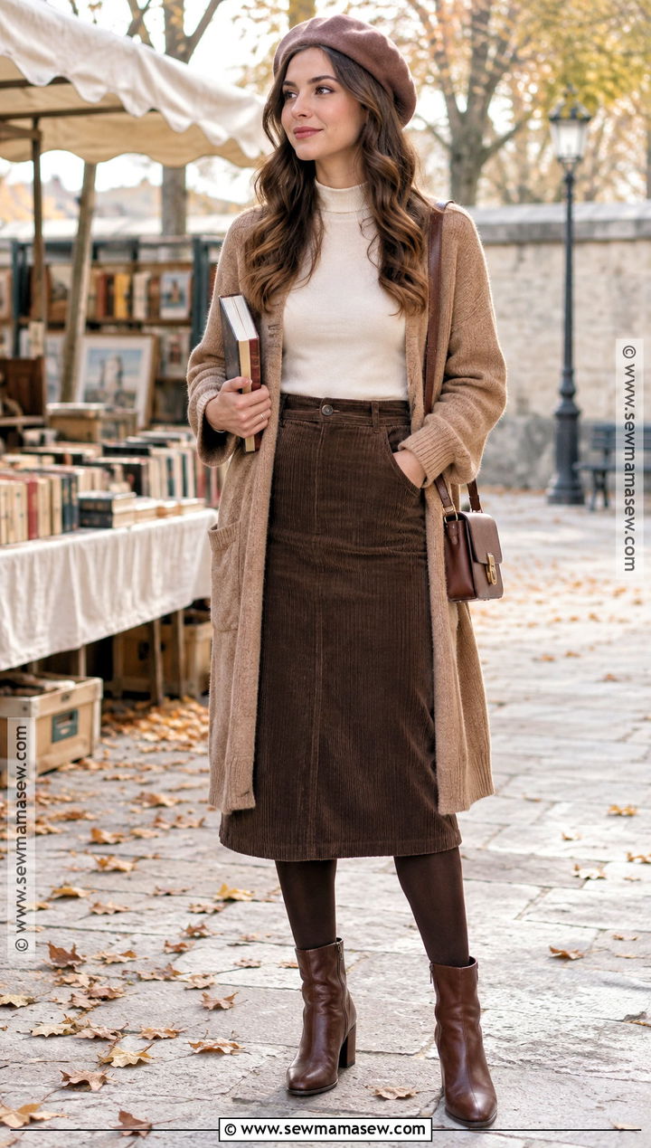 Long Cardigan And Corduroy Skirt Autumn Outdoor Outfit - 20 autumn outdoor outfits