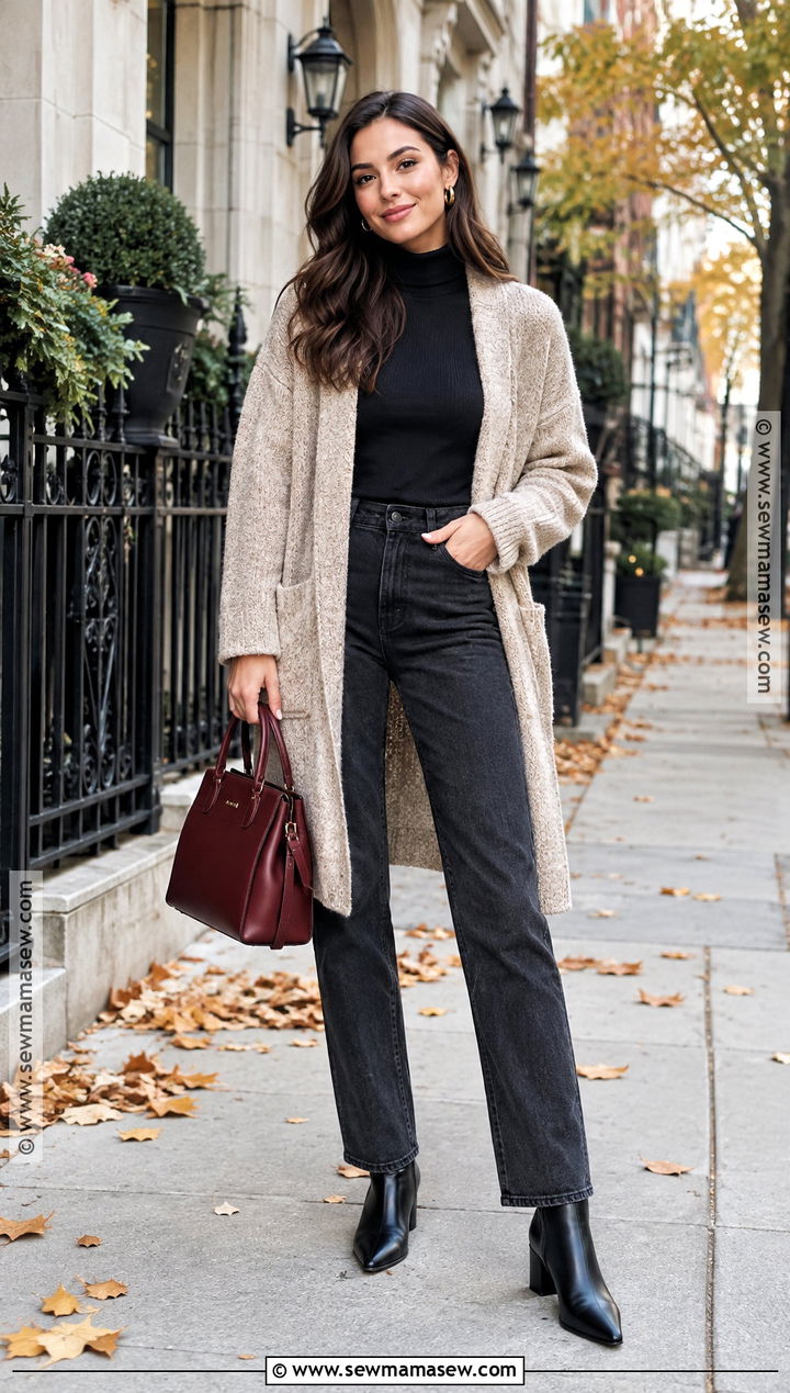 Long Cardigan And Dark Denim Fall Date Night Outfit - 25 fall date night outfit casual ideas